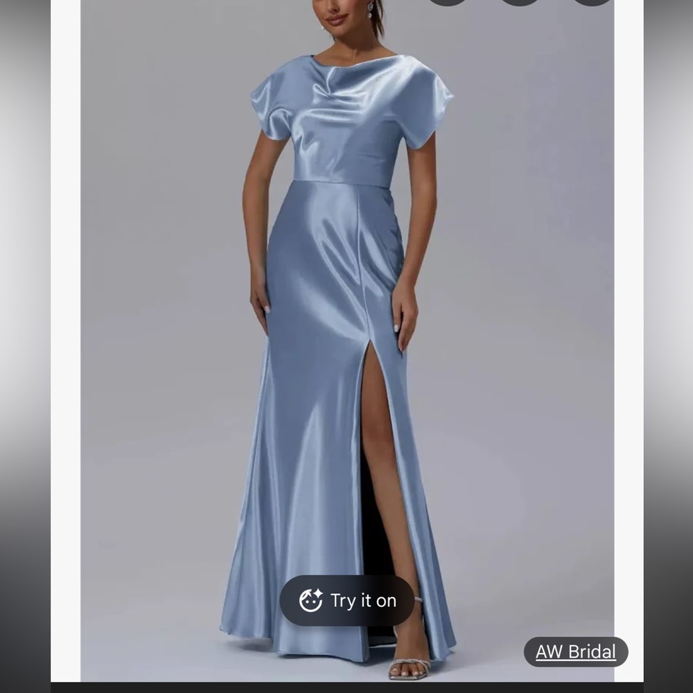 Elegant Dusty Blue Satin Evening Gown - Women Dresses AW BRIDAL 6 - Picture 2 of 6
